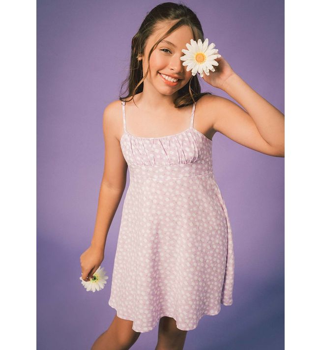 Vestido lila claro de tiras para anudar y full print para niñas