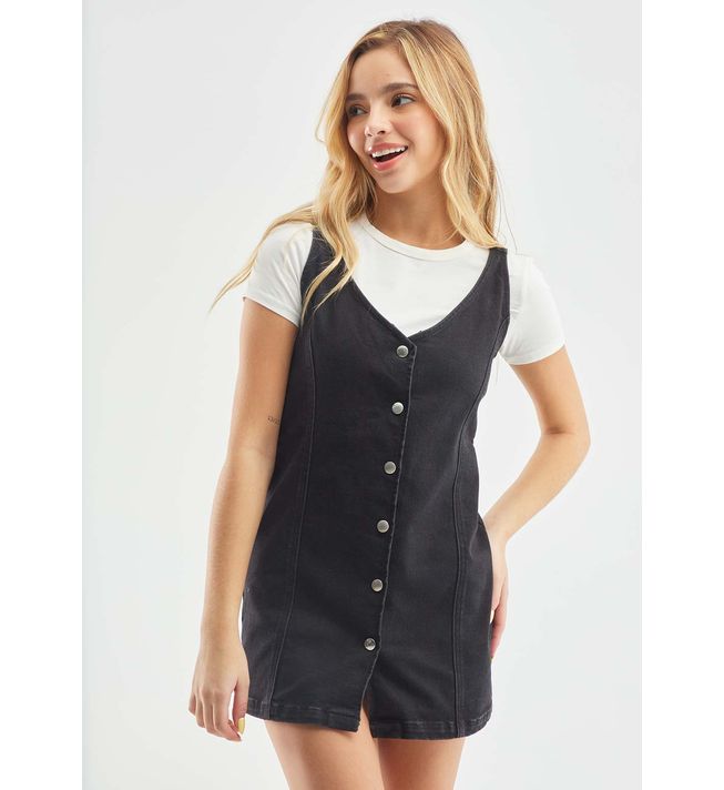 Jardinera negra con cuello en V y perilla con broches para adolescentes