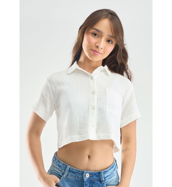Blusa marfil, manga corta y tela con efecto para adolescentes