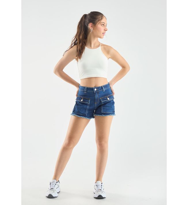 Short azul oscuro, tiro alto y bolsillos cargo para adolescentes