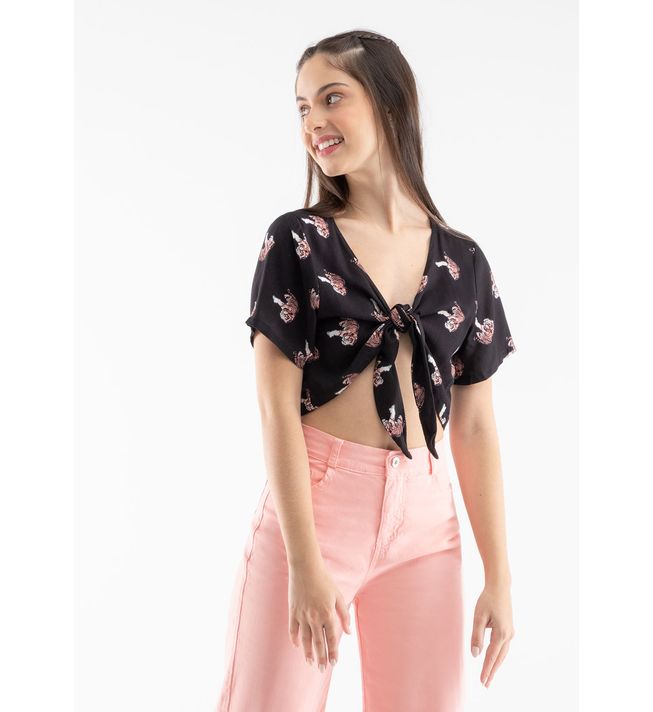 Blusa crop negra con amarre en frente para adolescentes