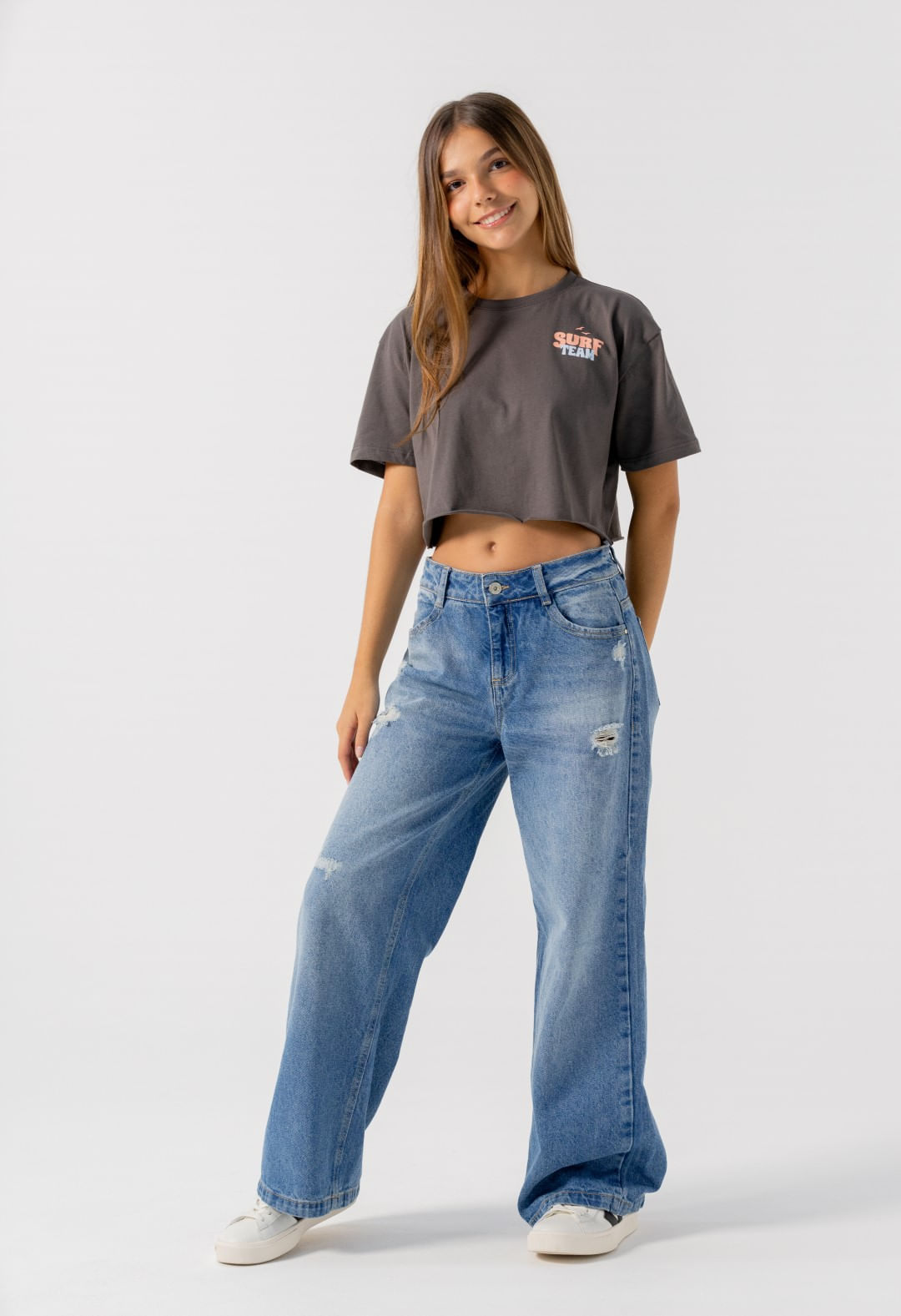 Jean retromom azul medio claro con bolsillos para jóvenes