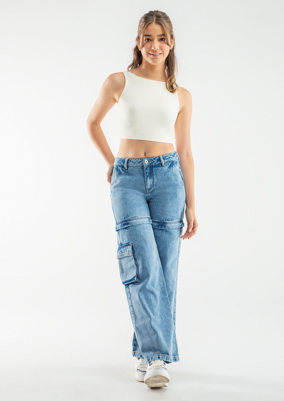 Jean cargo azul medio convertible en short para adolescentes