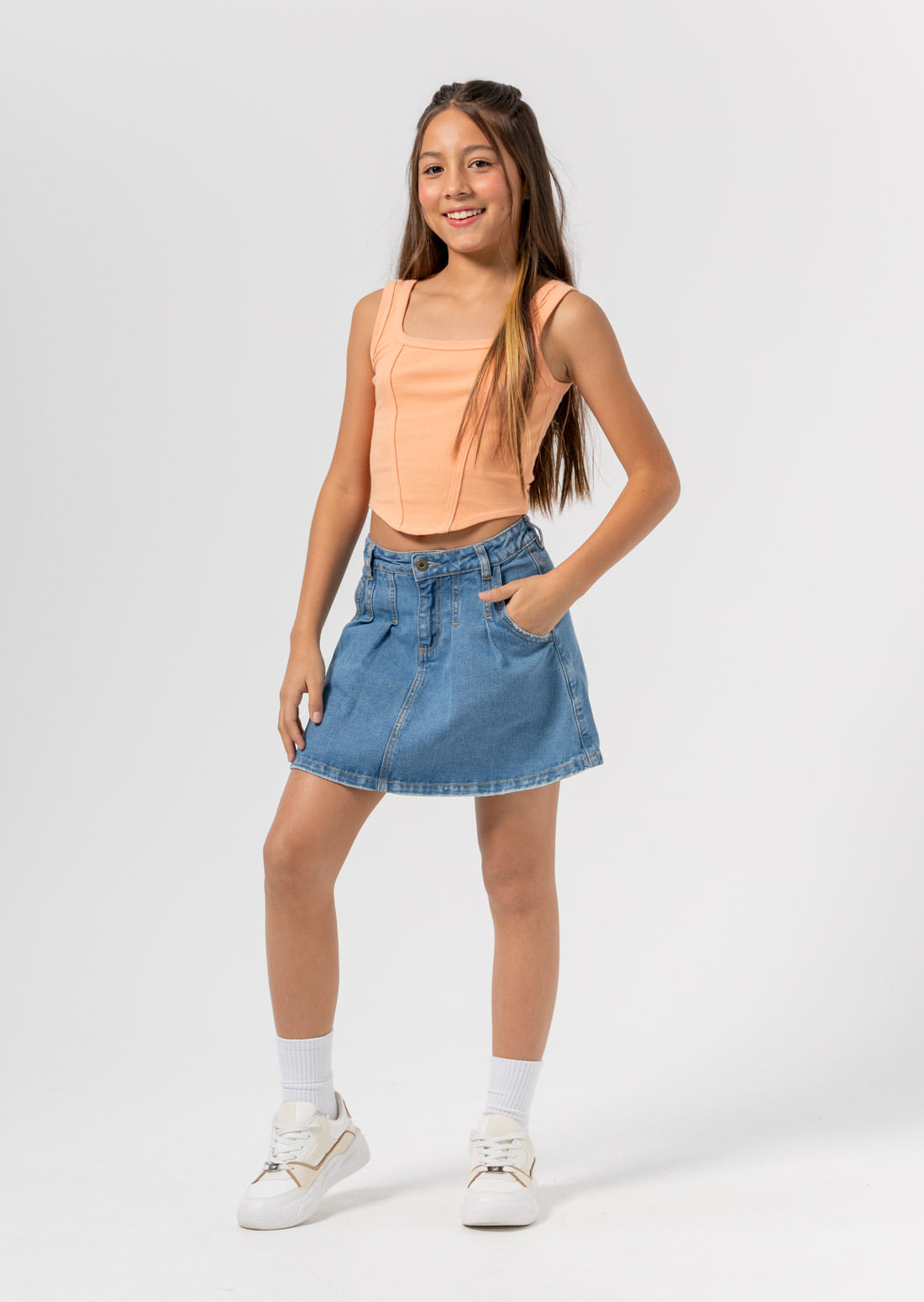 Falda lavado medio en denim para niñas