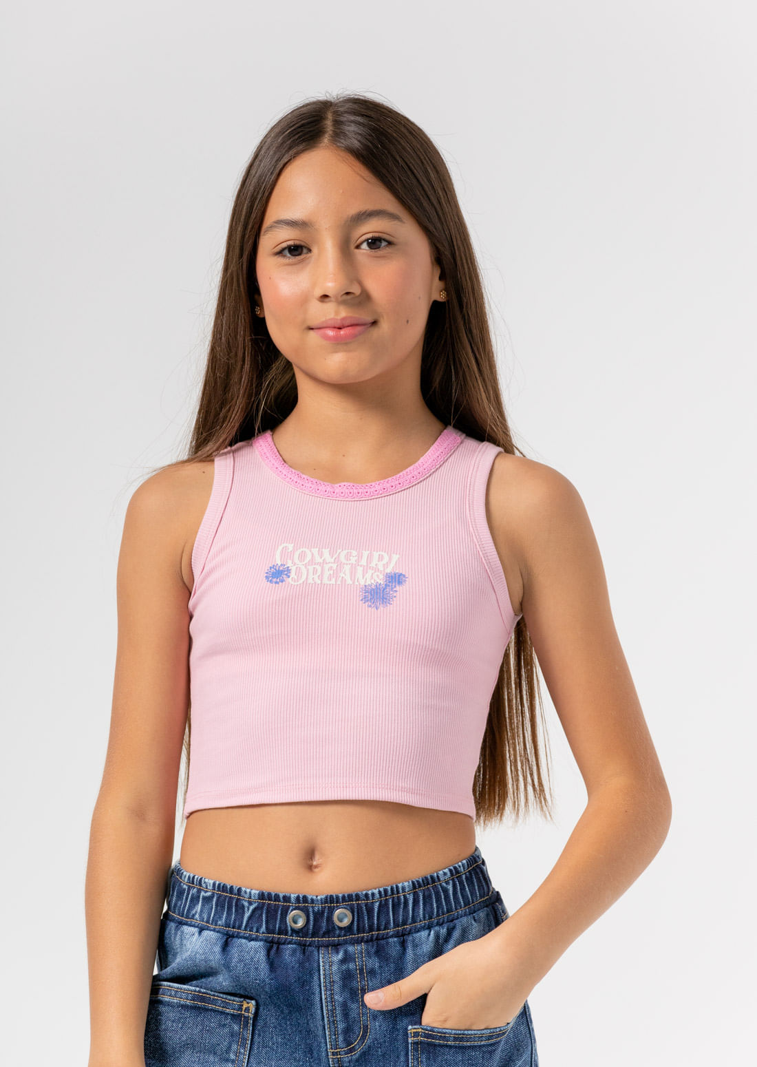 Camiseta rosa claro en rib para niñas