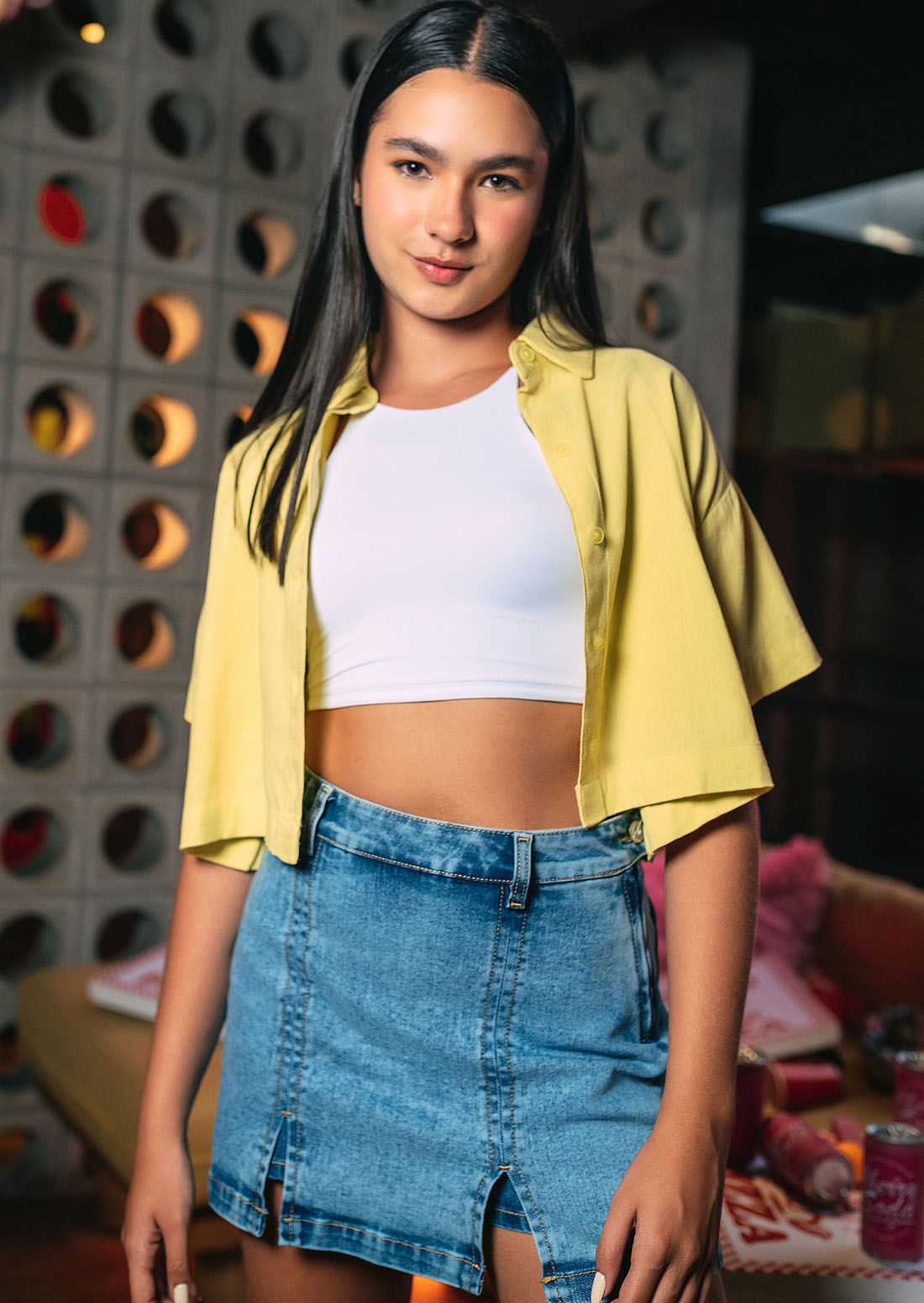 Blusa crop verde lima manga corta para jóvenes