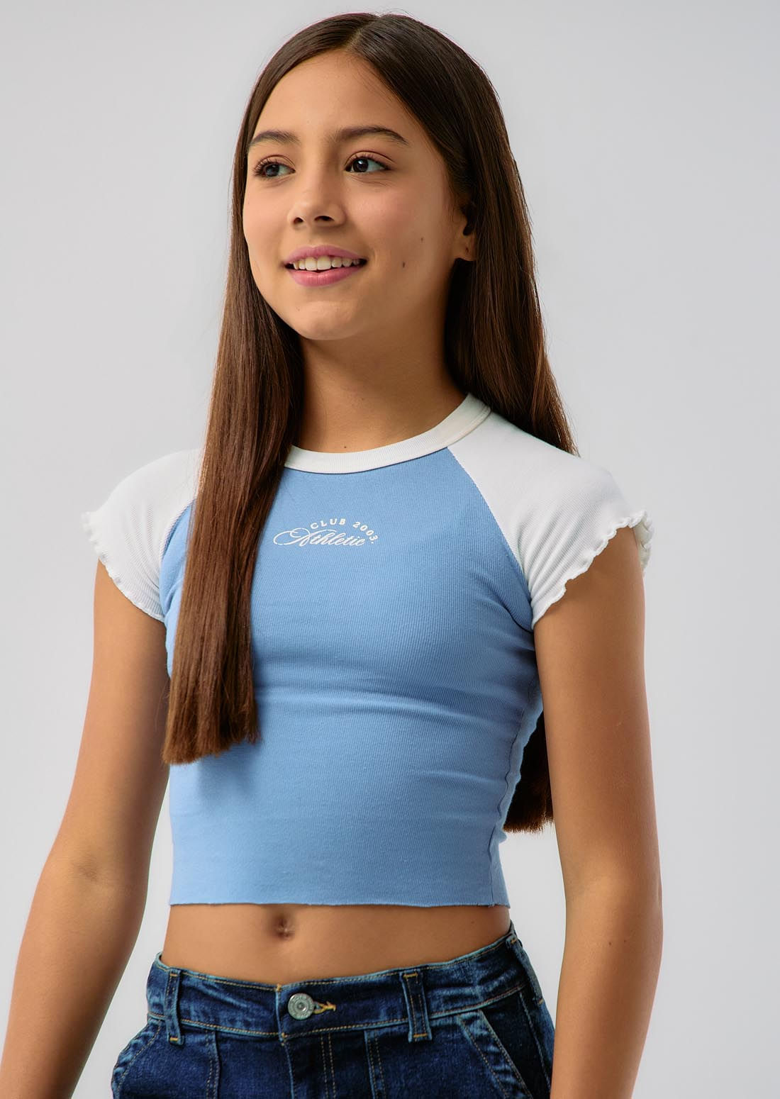 Camiseta azul hortensia estampada para niñas
