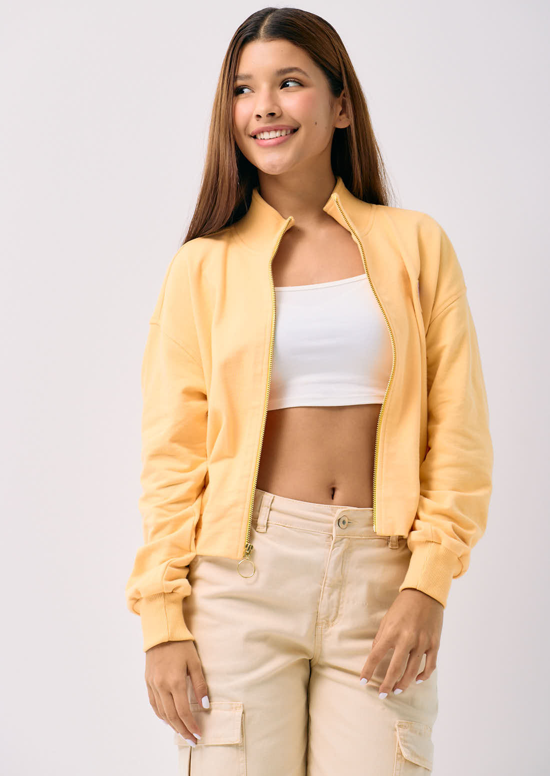 Chaqueta amarillo pastel recogido en pretina para jóvenes