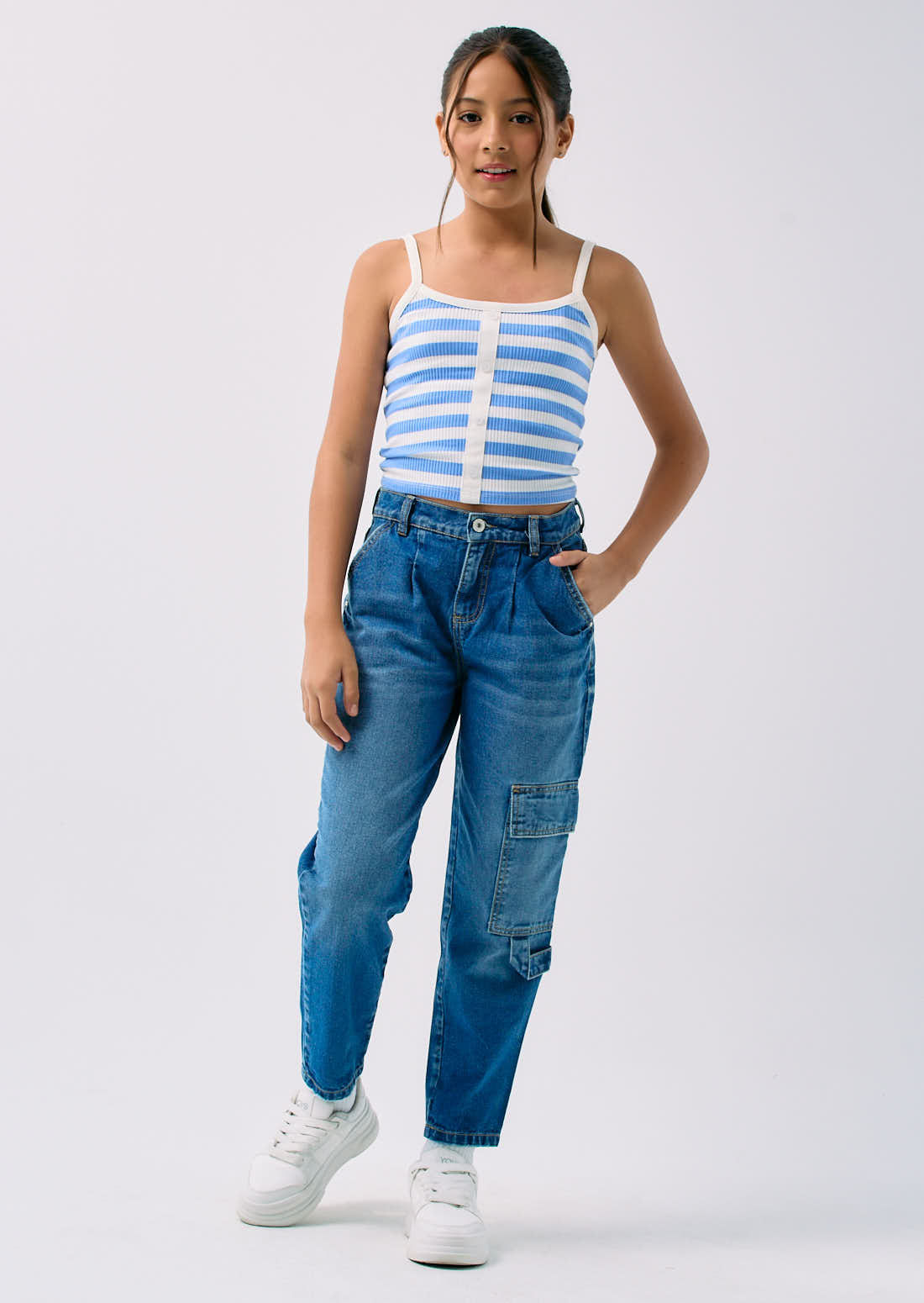 Jean baggy medio oscuro fondo entero para niñas