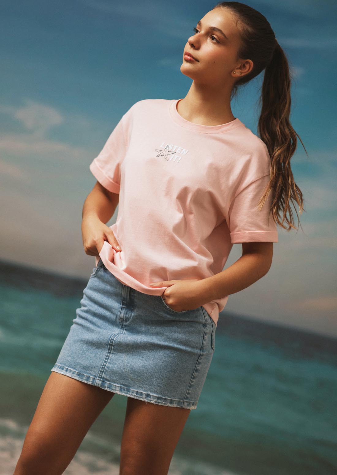 Camiseta palo de rosa frente estampado para adolescentes