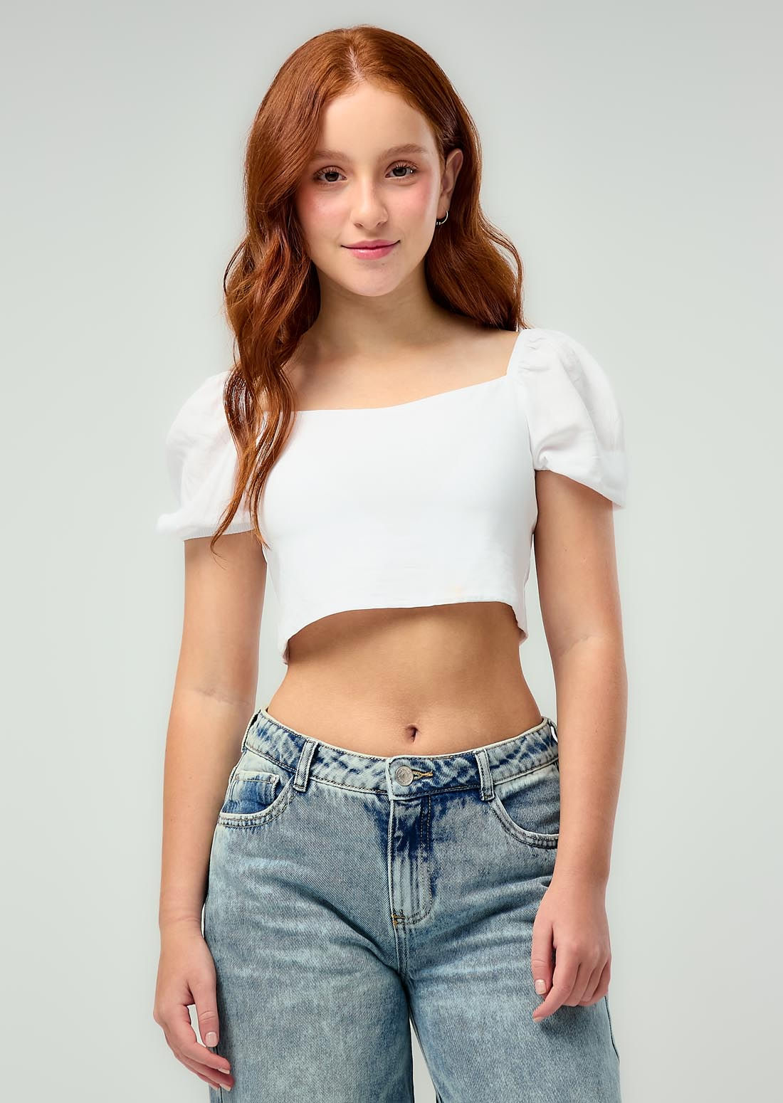 Blusa blanca manga bombacha para adolescentes