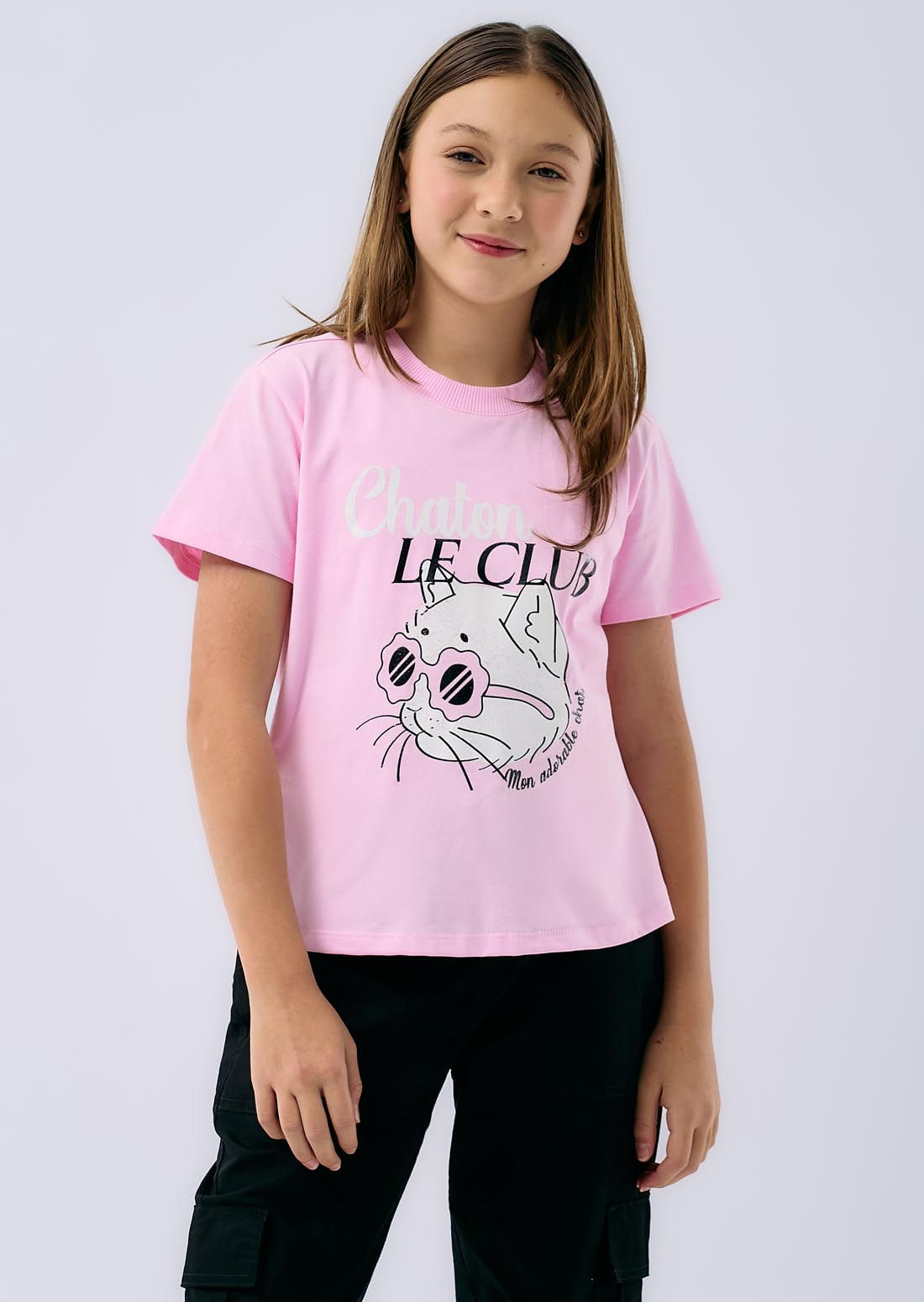 Camiseta rosa claro estampada en frente para niñas