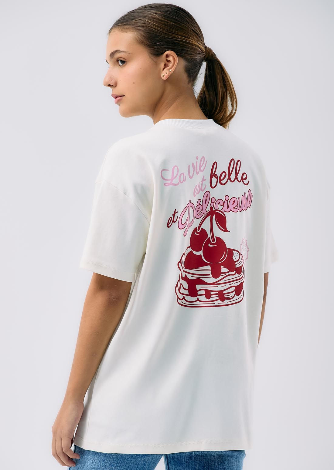 Camiseta oversize marfil estampado para adolescentes